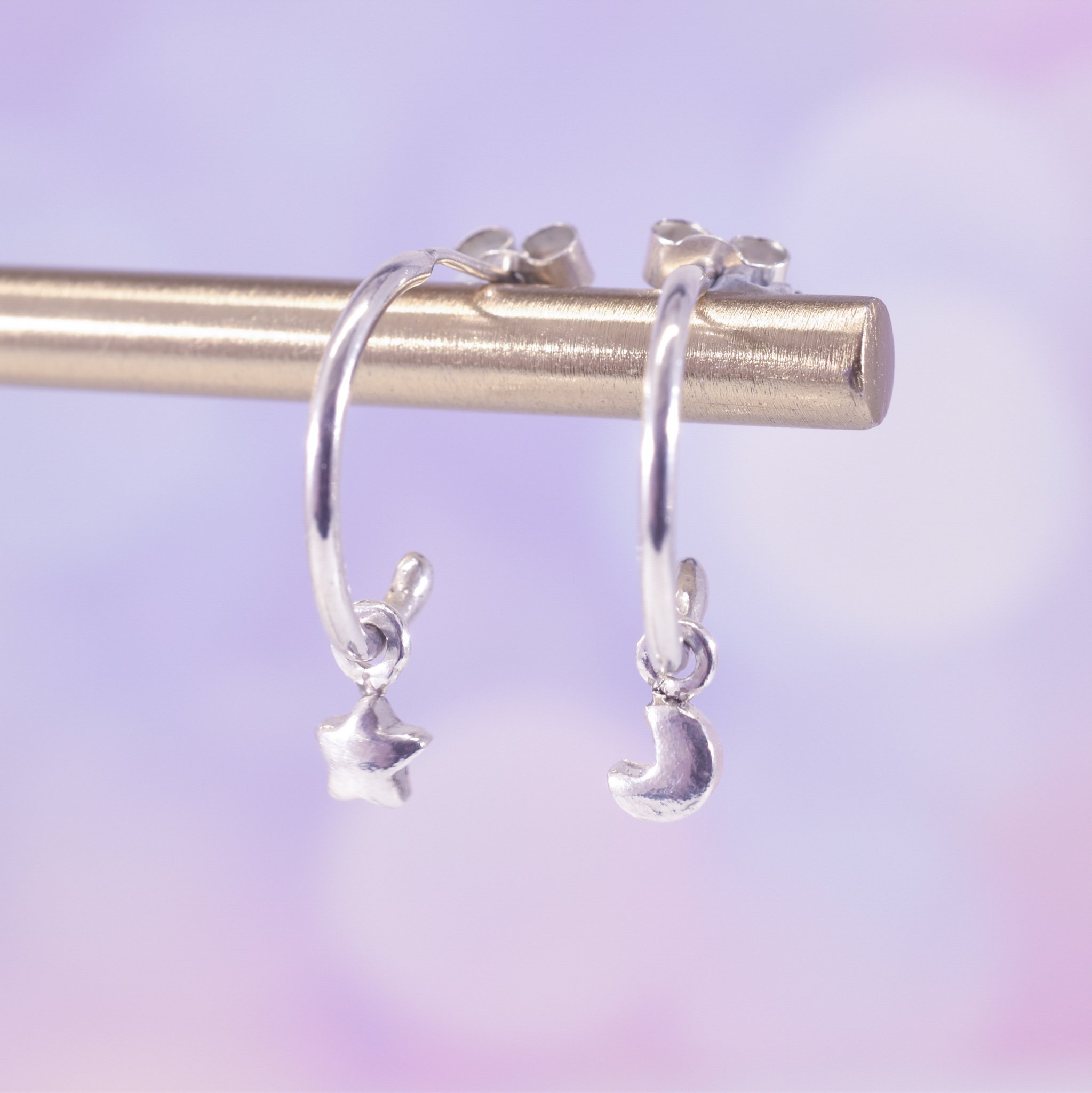 Handmade Sterling Silver Moon & Star Huggie Hoop Earrings