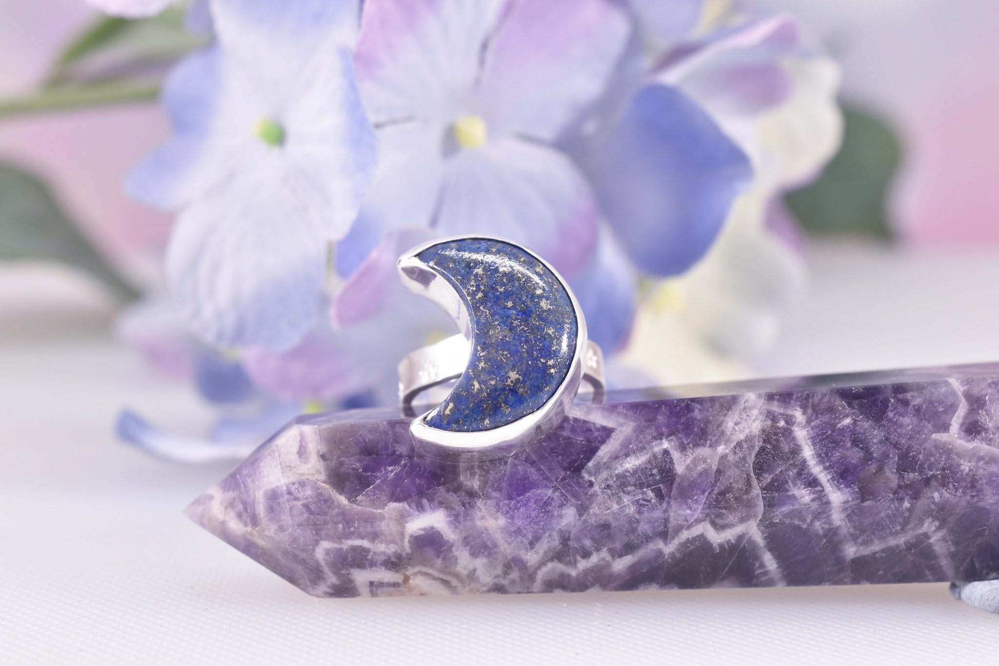 Handmade Sterling Silver Luna Lapis Moon Ring - Image 3