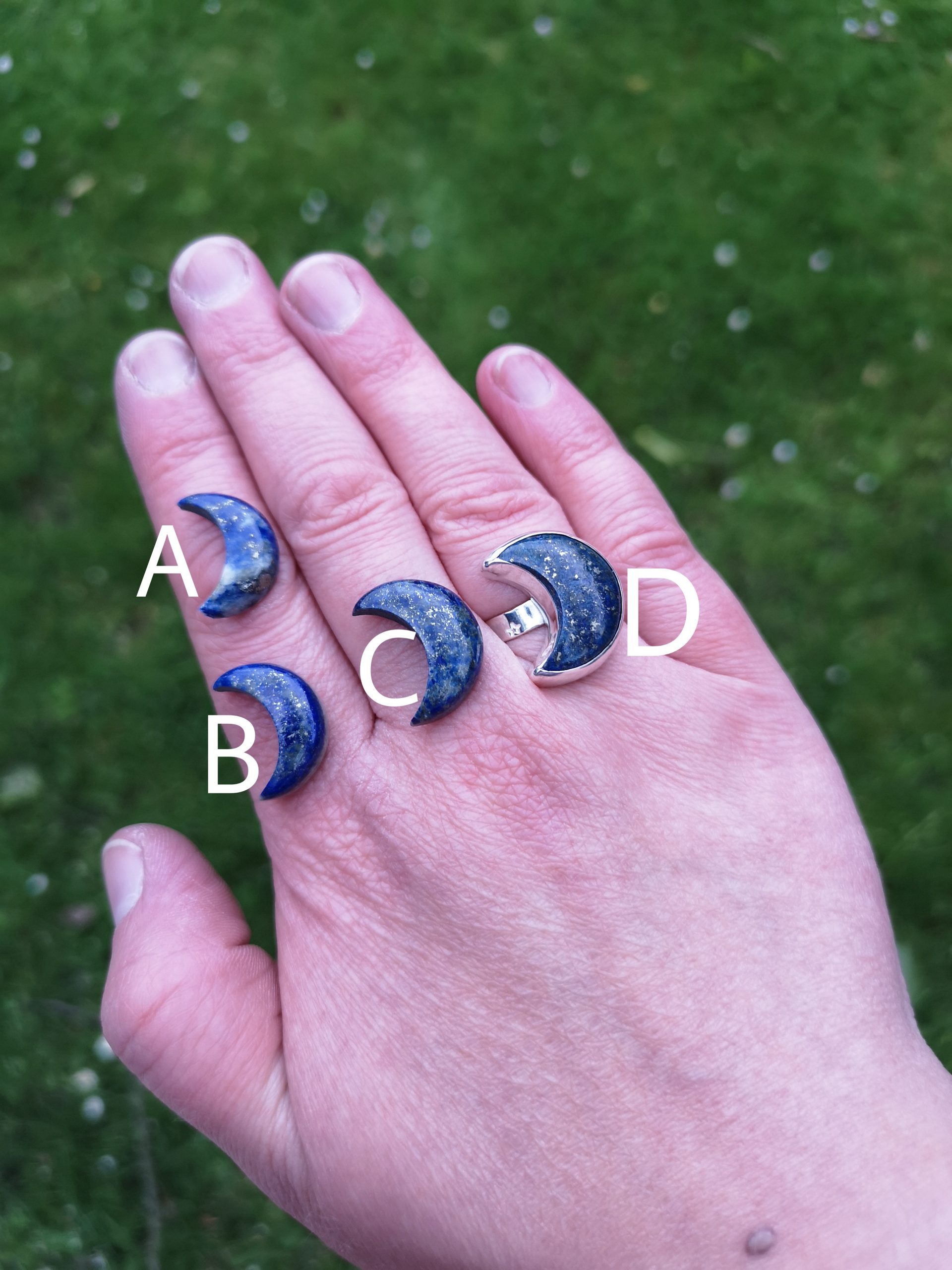 Deep Blue Lapis Lazuli Crescent moon set ing silver with a star embossed silver ring band