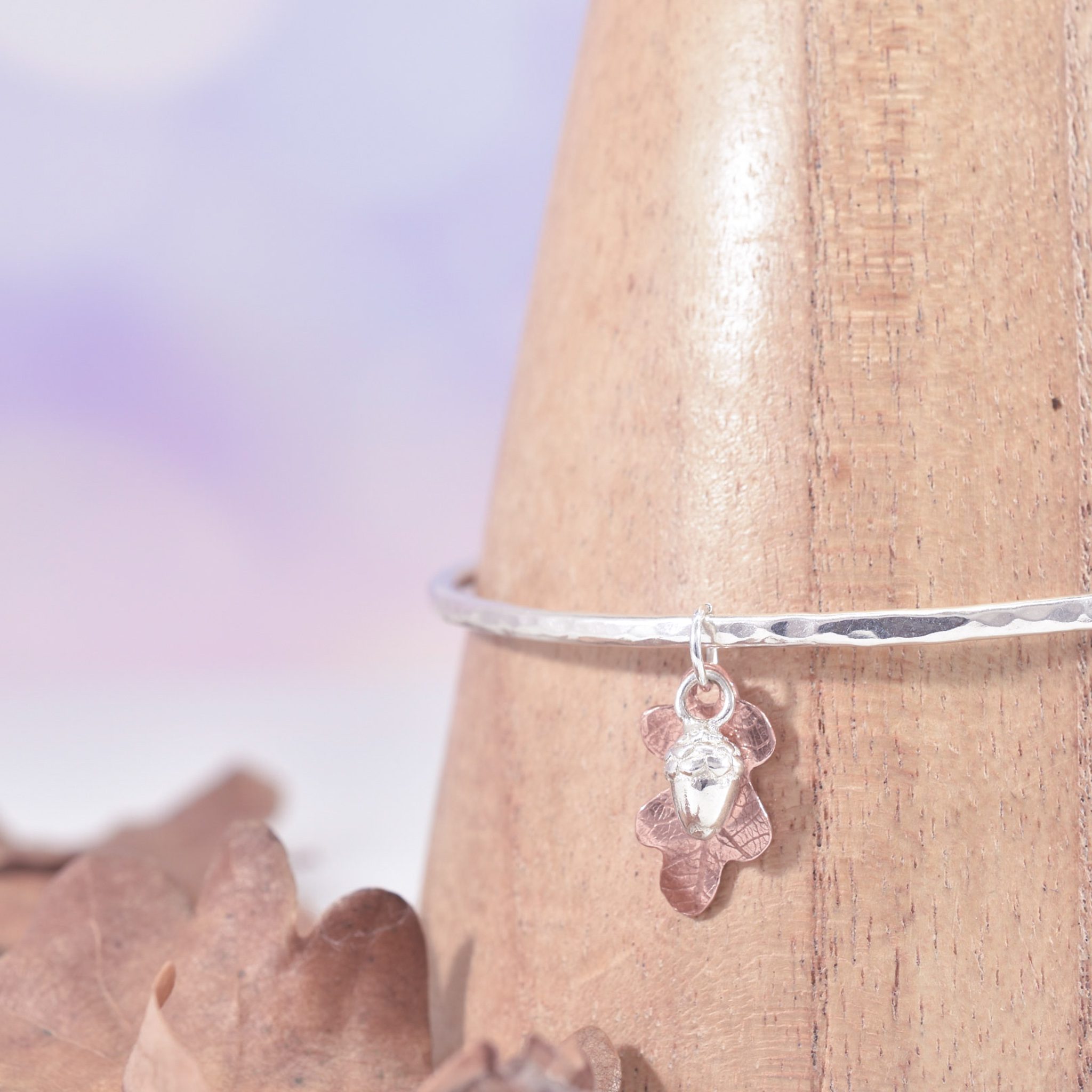 Handmade Copper Oak Leaf Acorn Bangle - Image 2