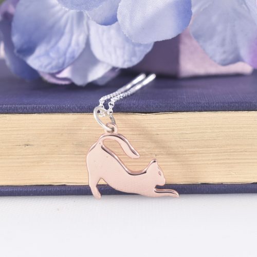 Handmade Rose Gold Stretching Cat Necklace