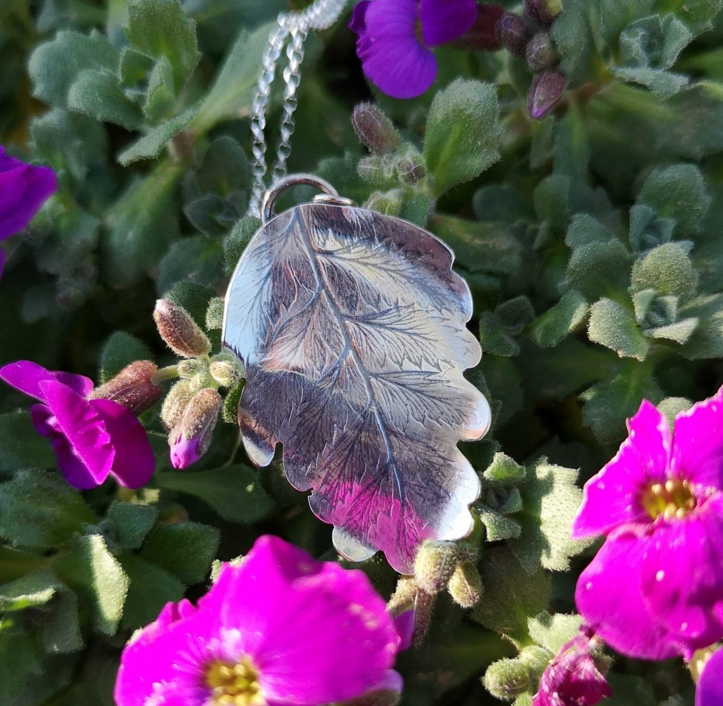 Sterling silver leather leaf imprint necklace