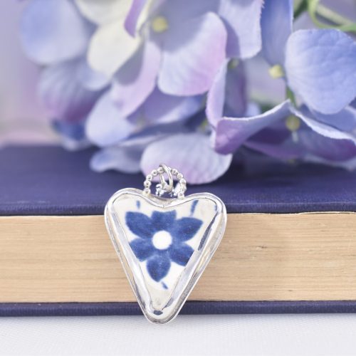 Sterling Silver Blue Flower Sea Pottery Heart Necklace