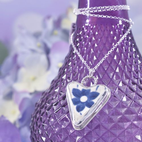 Sterling Silver Blue Flower Sea Pottery Heart Necklace