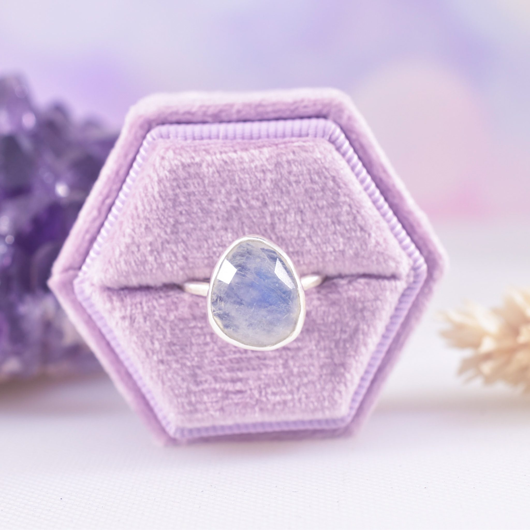 Handmade Sterling Silver Rainbow Moonstone Ring Size M