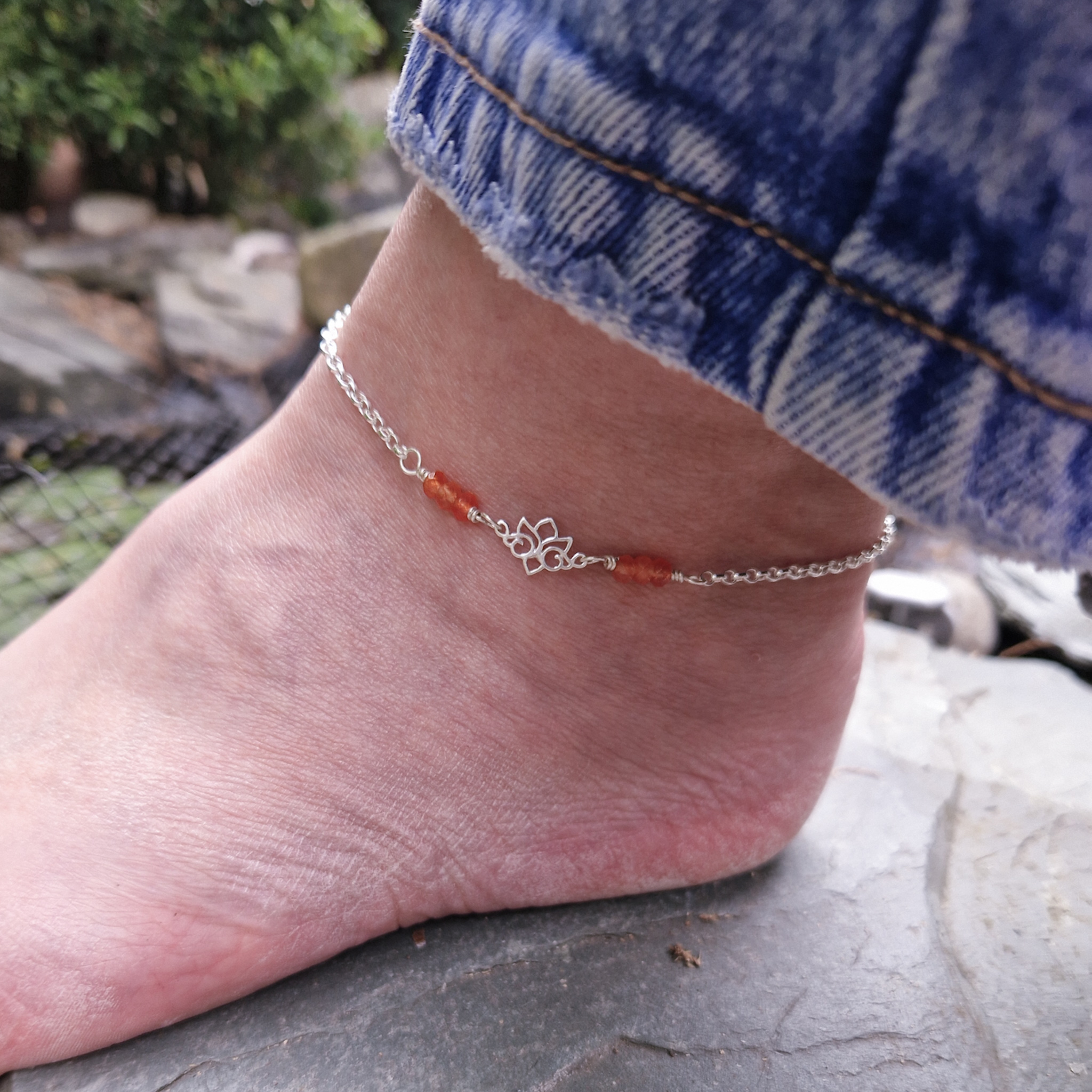 Sterling Silver Orange Agate Lotus Anklet - Image 6