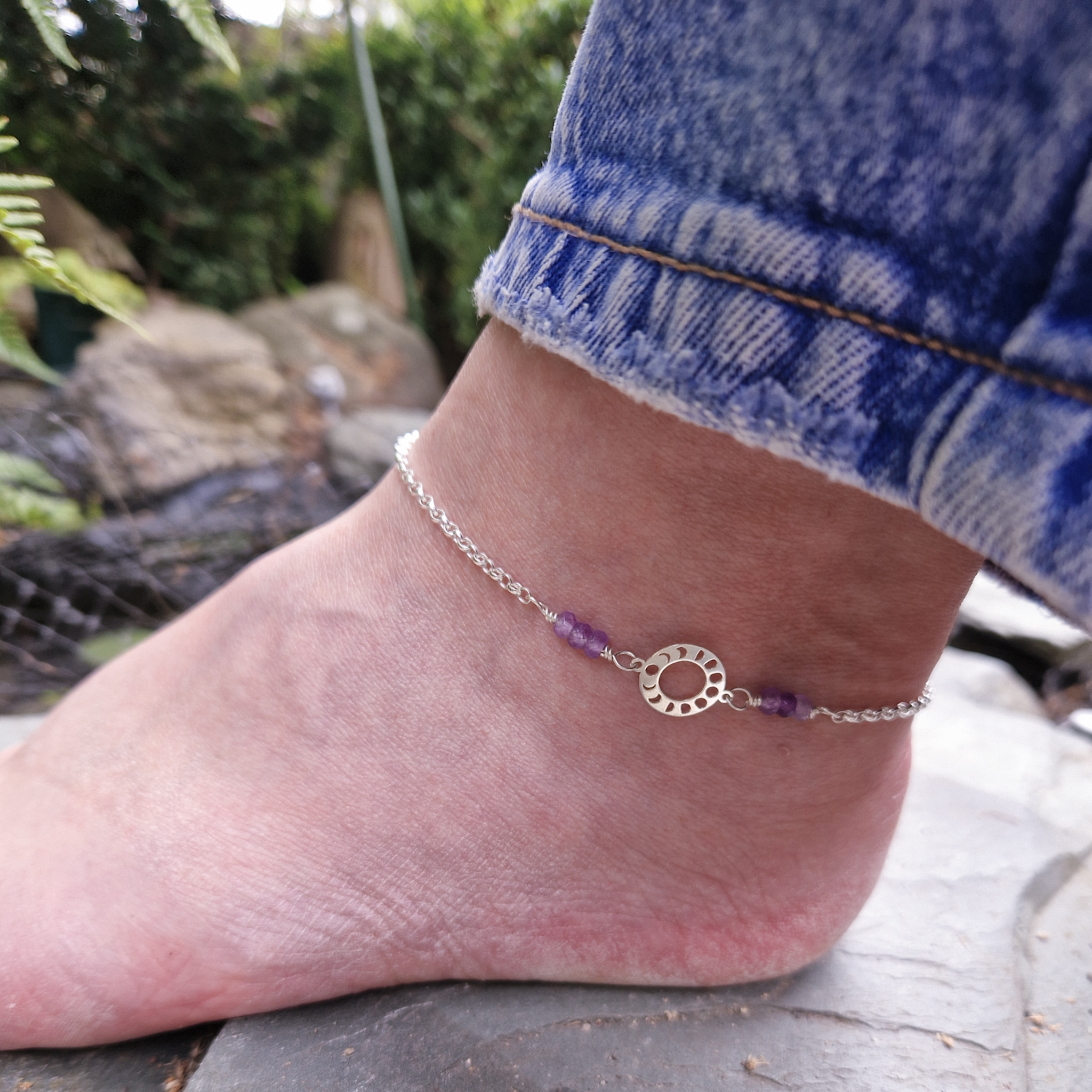 Sterling Silver Amethyst Moon Phase Anklet - Image 5