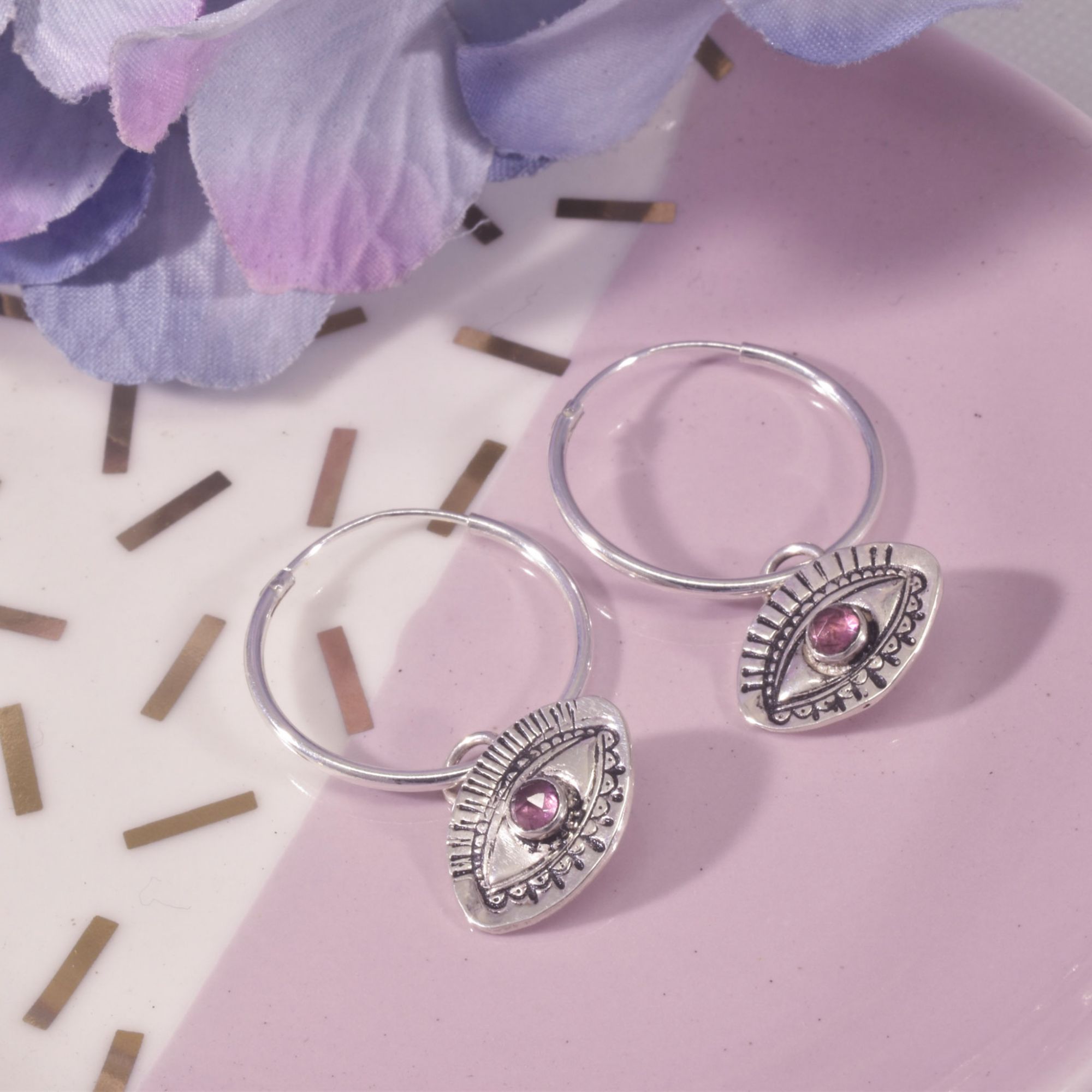Sterling Silver Protective Evil Eye Charm Hoops - Image 3