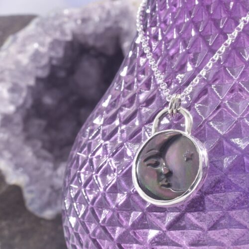 Sterling Silver Rainbow Mystic Moon Face Necklace