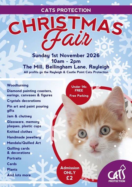Cats Protection Christmas Fair, Sunday, 1st November, 10-2pm. Rayleigh Mill Hall.